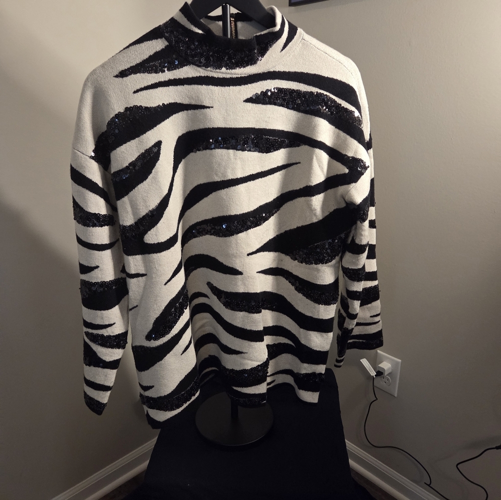 Chico's Black and White Striped Sequned Sweater